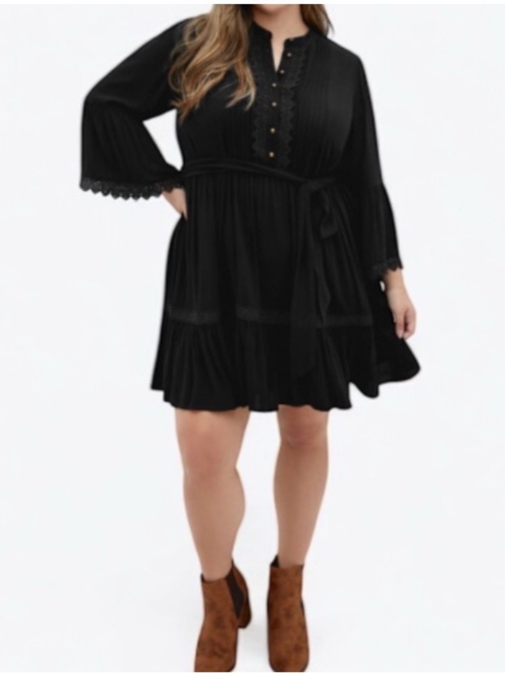 City Chic Black Boho Mini Dress Lace Trim Bell Sleeve Tie Waist NWT Plus Size 22